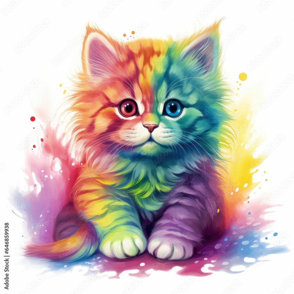AI generated illustration of a tabby kitten portrait in vibrant colorful paints