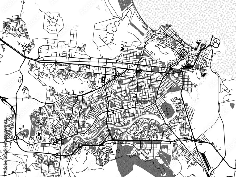 Naklejka premium Greyscale vector city map of Townsville in Australia with with water, fields and parks, and roads on a white background.