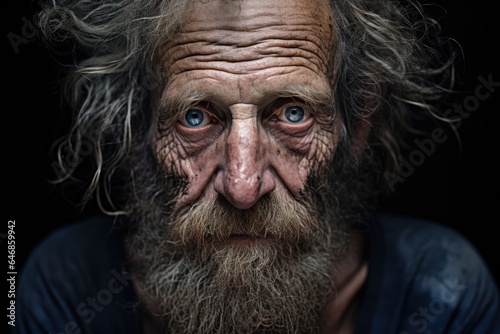 Tablou canvas Portrait of old poor homeless bearded man with a sad look on his dirty face with wrinkles