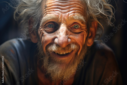 Portrait of happy old man with gray hair, beard and moustache Homeless person laughing and looking at camera.