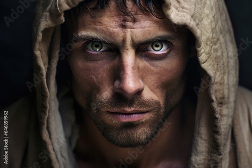 Portrait of young handsome man in dirty cape with a hood, looking at camera.