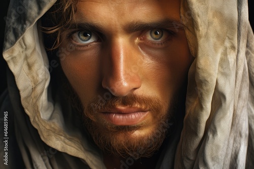 Portrait of young handsome man in dirty cape with a hood, looking at camera.