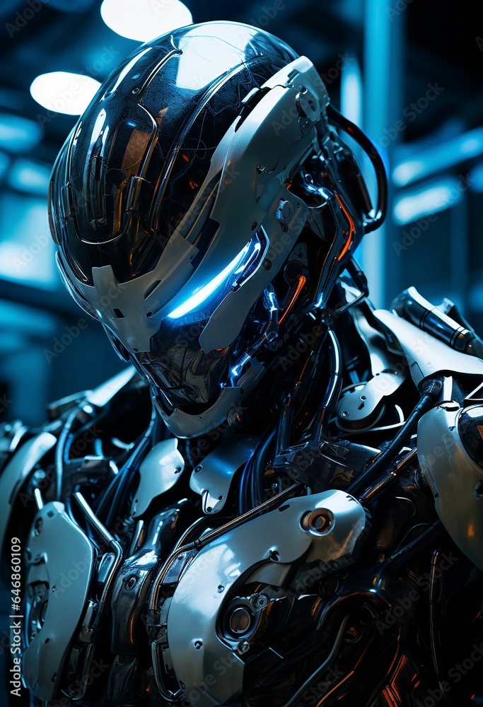 AI generated illustration of a robotic figure with sleek metallic armor in a futuristic environment