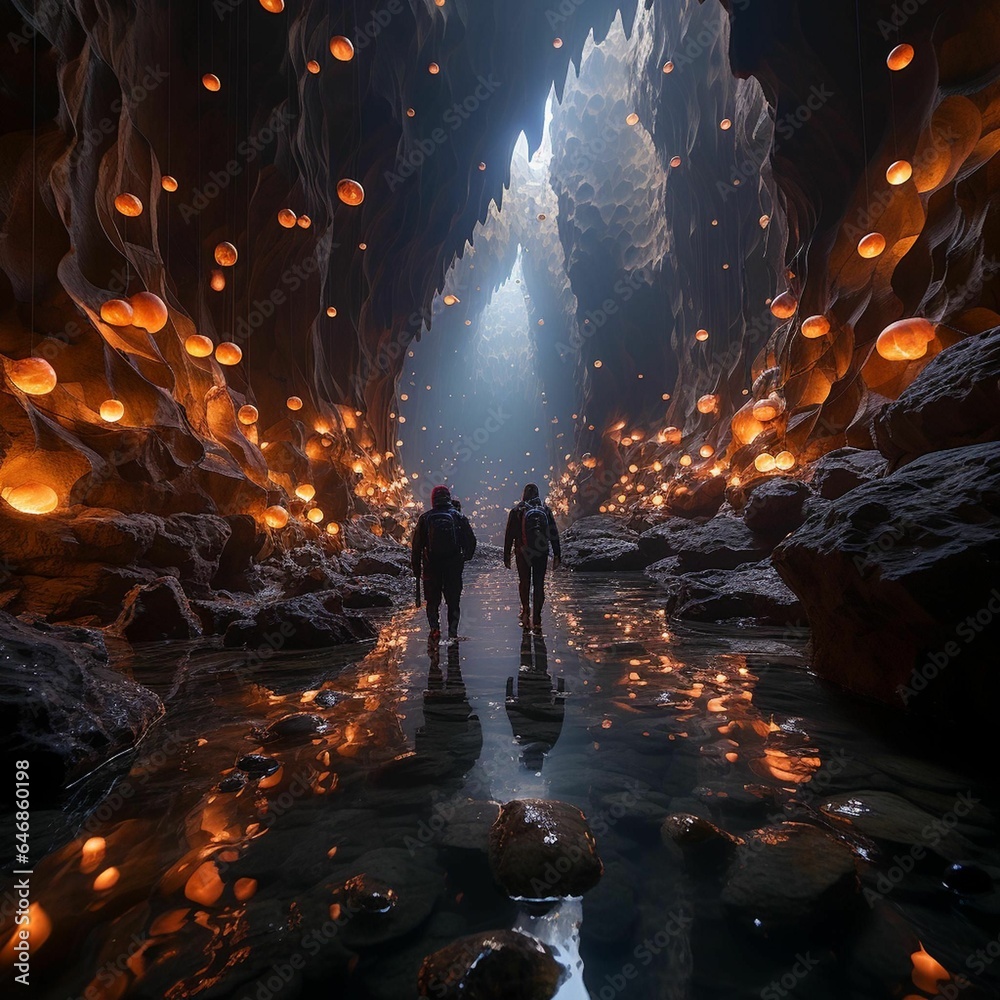 AI generated illustration of people illuminated by glowing lanterns walking in a mysterious cave