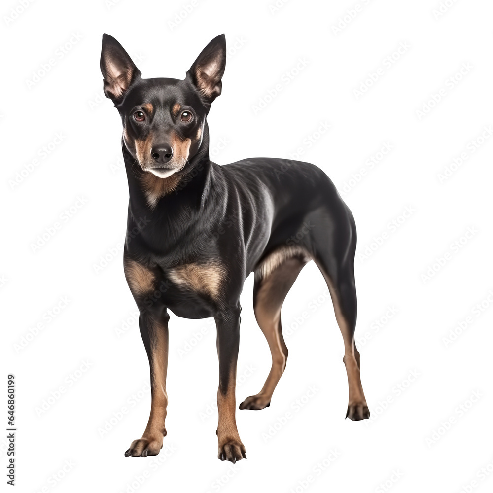 English toy terrier dog standing, isolated on white background.