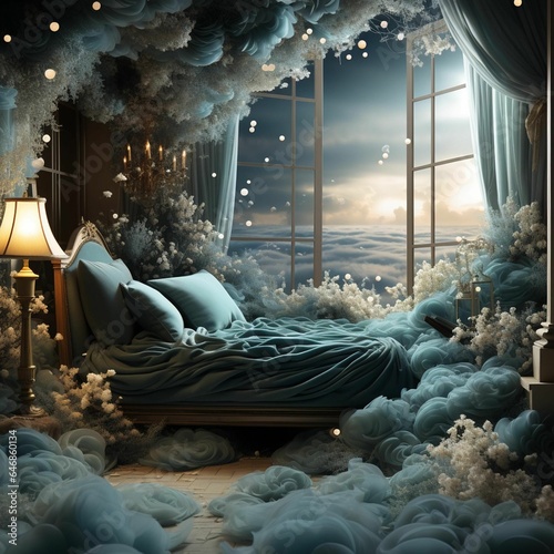 AI generated illustration of a cozy bed surrounded by an array of fluffy white clouds