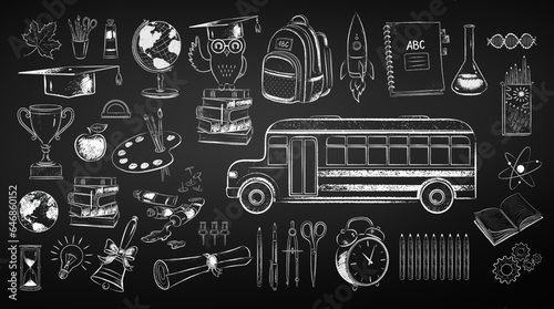 Vector black and white chalk drawn illustration collection of education and science items on chalkboard background.