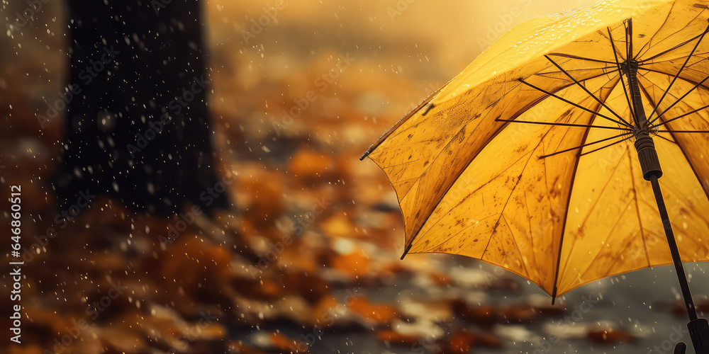Close-up of a yellow cropped umbrella with raindrops on a blurred background of overcast gloomy fall weather. 