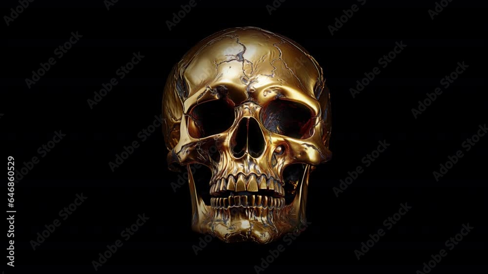A Fantastic Display Of A Golden Skull. Illustration On The Theme Of Fantasy And Animation, Horror And Fear, Halloween And Effects. A Fantastic Display Of A Golden Skull. Illustration On The Theme Of Fantasy And Animation, Horror And Fear, Halloween And Effects.