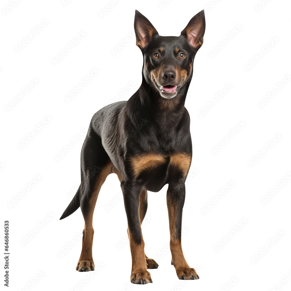 English toy terrier dog standing, isolated on white background.