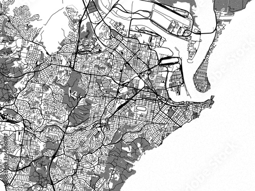 Greyscale vector city map of  Newcastle in Australia with with water, fields and parks, and roads on a white background.
