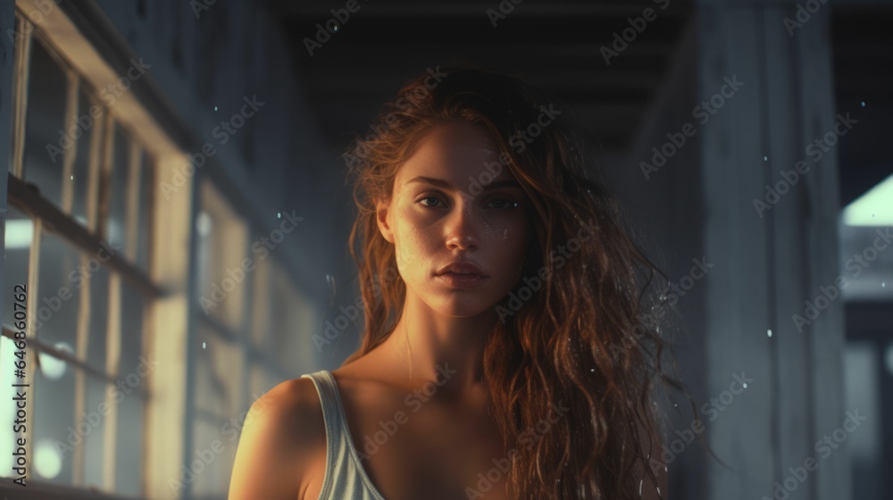AI generated illustration of a young adult female with long hair in an empty room