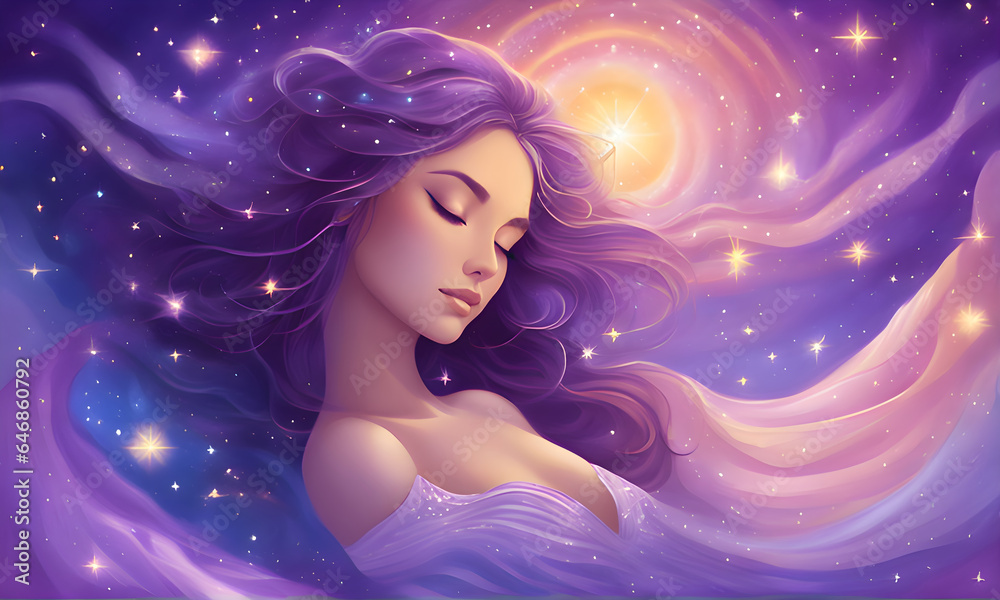 A girl sleeps and dreams under the night sky and stars. Feelings of bliss, peace, and a sense of spirituality contribute to her mental well-being. Generative AI
