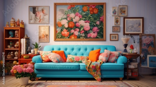 Living room in kitsch style. Incredible fairytale design and vibrant colors.