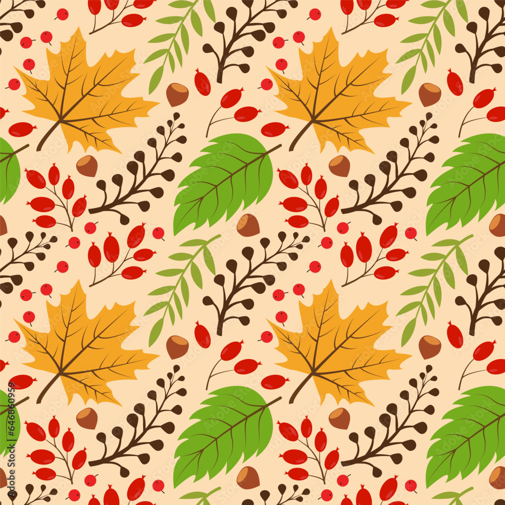 Pattern with autumn leaves. Vector seamless drawing of leaves, acorns, nuts, mountain ash. Background for textiles or book covers, wallpaper, design, graphics, printing, hobbies, invitations.
