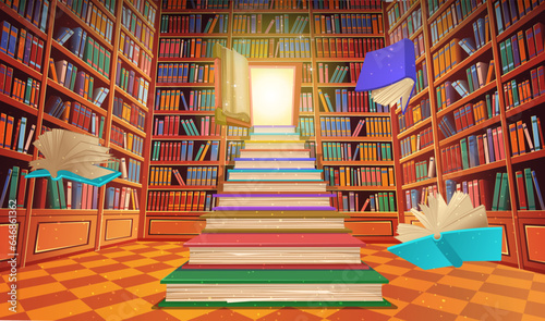 Library book shelves cartoon vector illustration. Stairs made of books with an open door in the form of a book. Large stack of books.