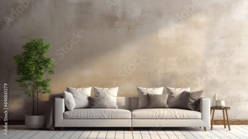 Modern beige designer sofa on legs with cushions, minimalistic living room