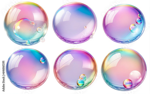 Set of realistic transparent colorful soap bubbles with rainbow reflection on transparent background.