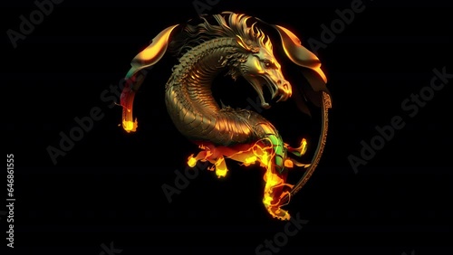 The Appearance Of A Sign With A Golden Dragon Serpent From The Flame. Illustration On The Theme Of Fantasy And Animation, Symbols And Emblems.