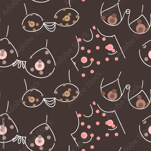 A pattern of large transparent bras of different sizes in a seamless texture with breasts. transparent underwear on a dark background. Abstract texture for printing on textiles and paper