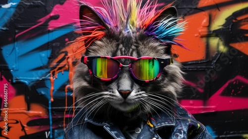 feline stands beside a colorful wall, wearing a classic denim jacket and stylish sunglasses © Patrick Karlsson/Wirestock Creators