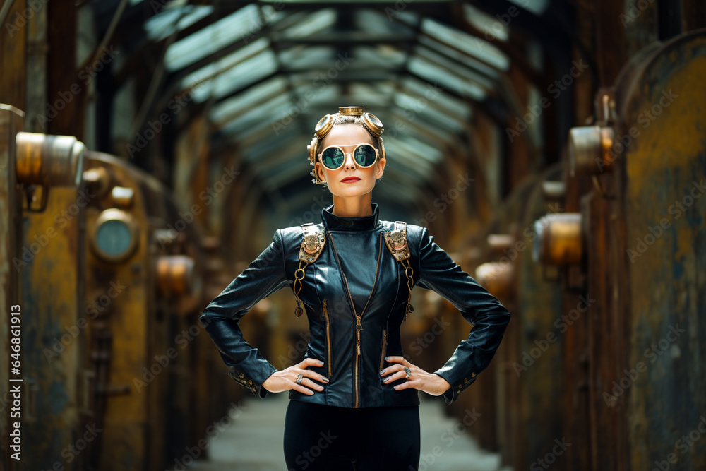 Steampunk style woman in a black leather jacket Steampunk style woman in a black leather jacket
