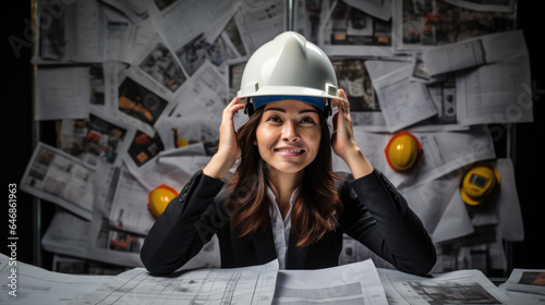 Portrait of a female engineer in a helmet with blueprints for construction © MP Studio