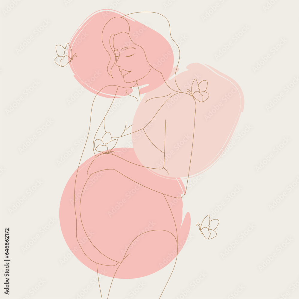 Hand drawn pregnant woman. Motherhood concept. Outline pregnant girl on colored spots. Happy pregnant woman hugging her belly. Maternity concept illustration. Prenatal care emblem Hand drawn pregnant woman. Motherhood concept. Outline pregnant girl on colored spots. Happy pregnant woman hugging her belly. Maternity concept illustration. Prenatal care emblem