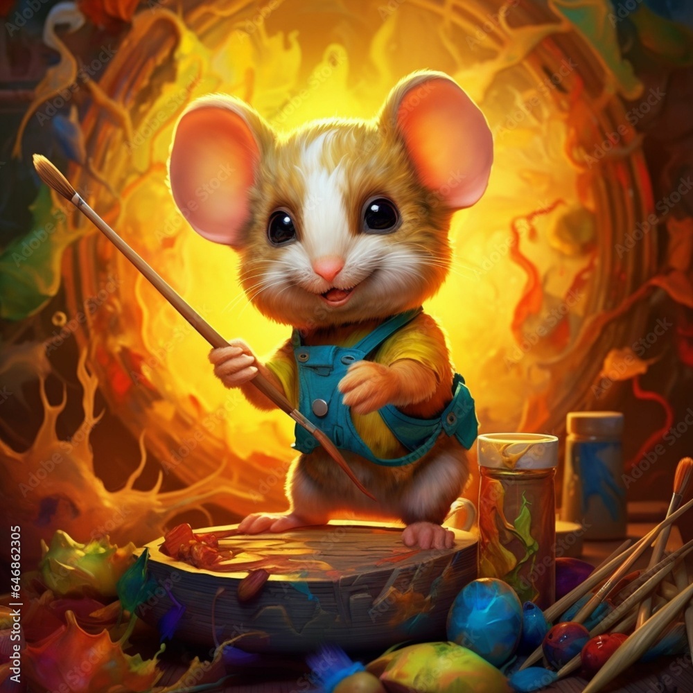 AI generated illustration of a small mouse holding a paintbrush in its paws