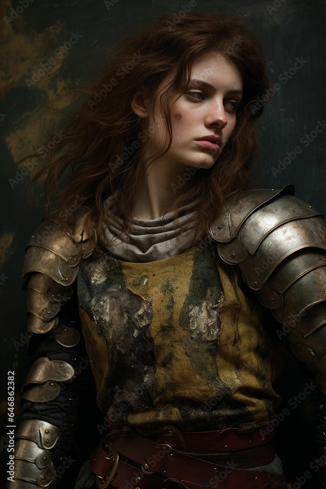 beautiful woman wearing a traditional suit of armor in a dark and mysterious environment