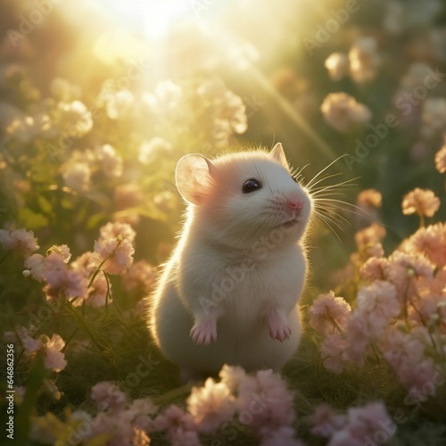 AI generated illustration of an adorable small hamster among blooming bright pink flowers in a field © Marica Rakicevic/Wirestock Creators