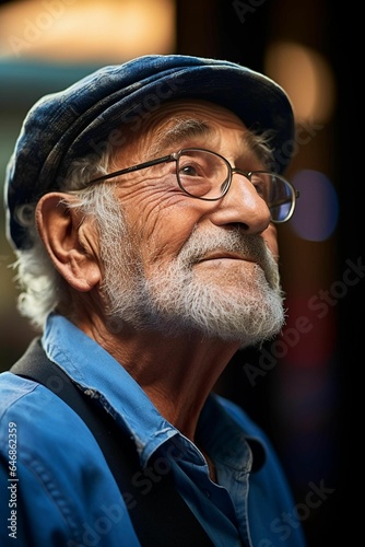 AI generated illustration of A cheerful elderly male wearing glasses and a blue shirt and smiling