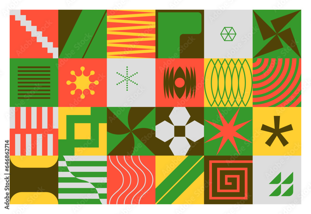 Neo geometric pattern with modern abstract elements, vector isolated shapes, mosaic background Neo geometric pattern with modern abstract elements, vector isolated shapes, mosaic background