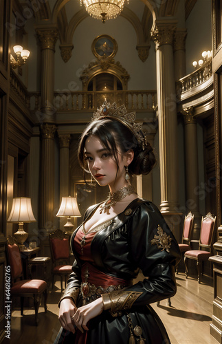 The Victorian era concept. Beautiful woman in elegant historical dress and hairstyle posing in vintage interior.