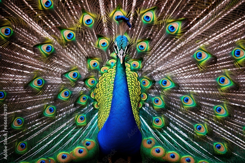 Obraz premium AI generated illustration of a peacock surrounded by an array of colorful flower