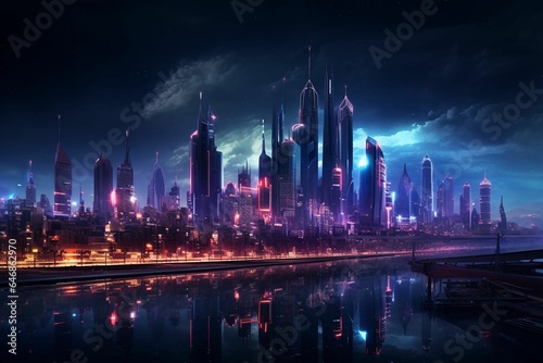 AI generated illustration of a stunning nighttime scene of a city skyline