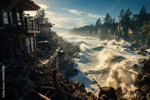 Devastating tsunami, portraying the immense destruction and chaos left in its wake.