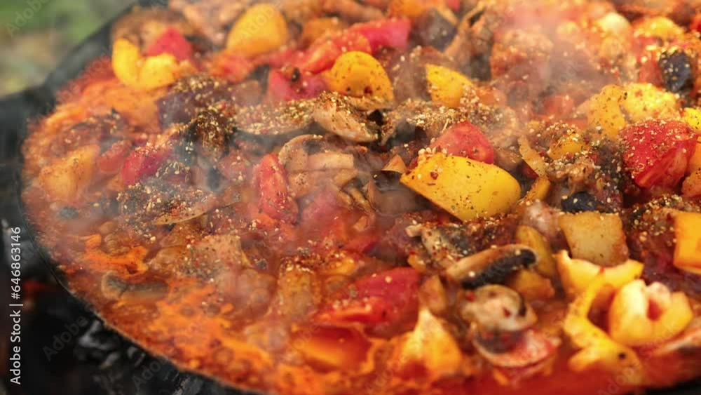 Stew. Stewed vegetables with meat and mushrooms on fire. Picnic. Stew. Stewed vegetables with meat and mushrooms on fire. Picnic.