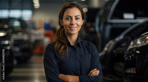 Portrait of a female mechanic in a car service against the backdrop of cars.