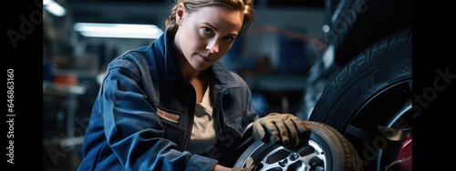 Female car mechanic working in garage and changing wheel alloy tire. Repair or maintenance auto service.