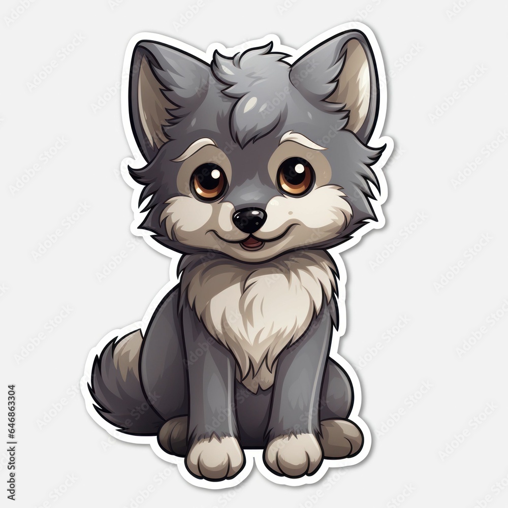 AI generated illustration of a cute, gray wolf on a white background AI generated illustration of a cute, gray wolf on a white background