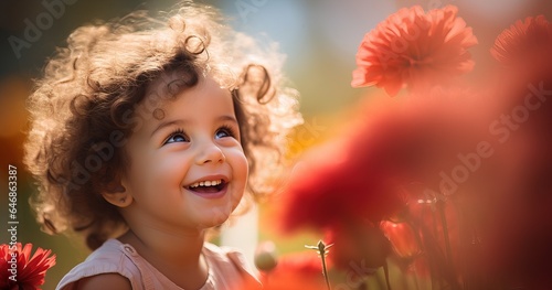  little girl, child is playing in flowers with an orange flower