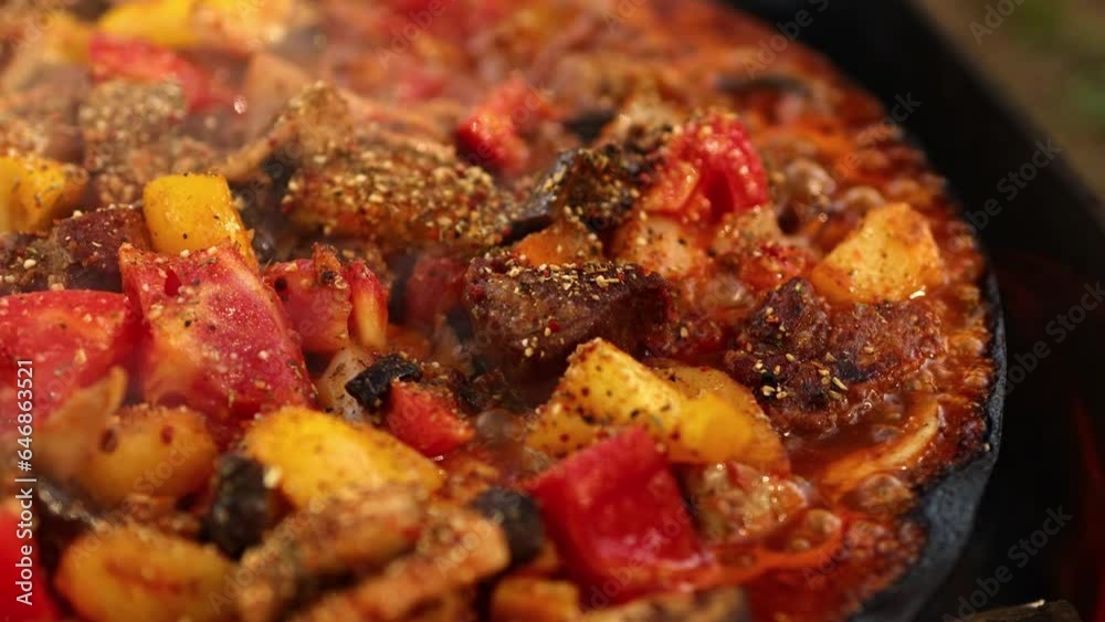 Stew. Stewed vegetables with meat and mushrooms on fire. Picnic. Stew. Stewed vegetables with meat and mushrooms on fire. Picnic.