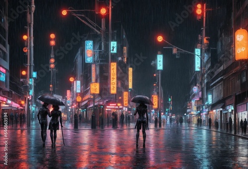 AI generated illustration of people walking through the rain on the vibrant city street