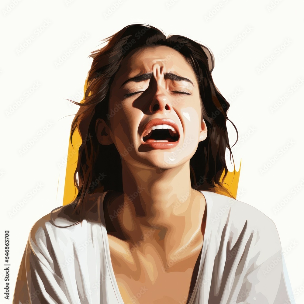 AI generated illustration of a portrait of a crying woman on a white background