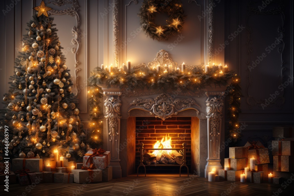 Christmas tree and burning fireplace, warm house and Xmas decoration in Winter holiday Christmas tree and burning fireplace, warm house and Xmas decoration in Winter holiday