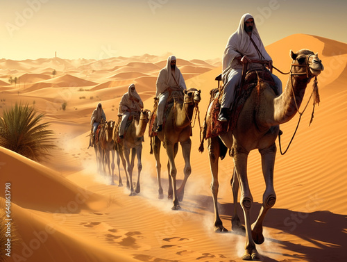 A group of men are riding some camels in the desert. The sun was about to set and cast a shadow over the desert. 