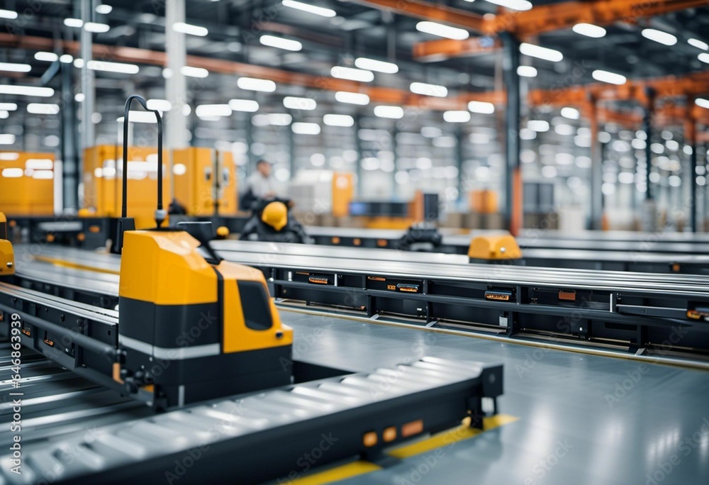 AI generated illustration of an industrial warehouse scene with multiple conveyor trucks AI generated illustration of an industrial warehouse scene with multiple conveyor trucks