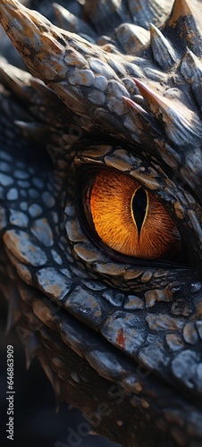 AI generated illustration of a close up of a majestic orange dragon eye