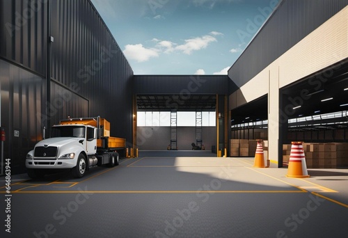 AI generated illustration of a large truck driving away from a warehouse building